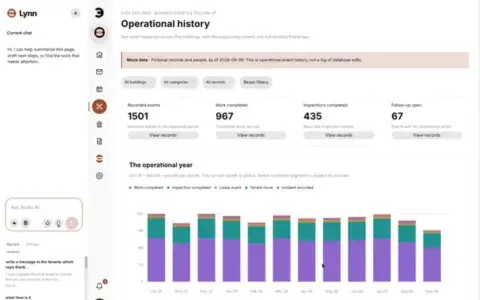 An operational history report with the assistant open in a side panel.