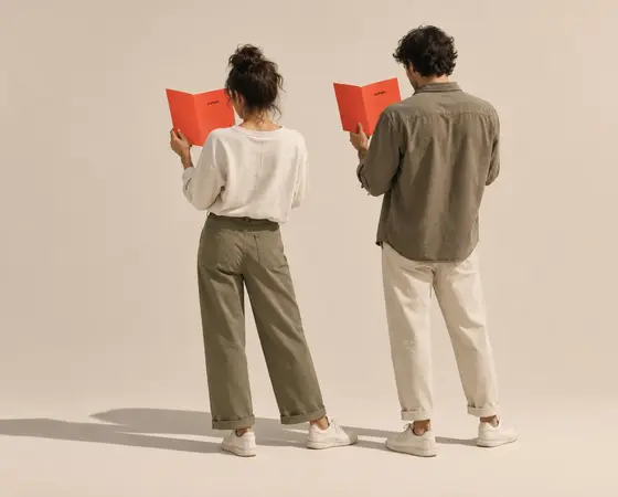 Two people standing side by side, each reading a red booklet.